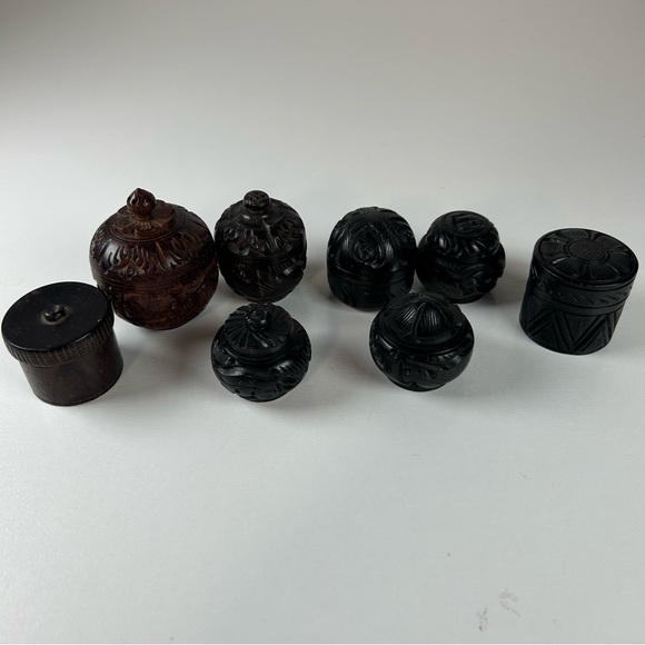 Hand Carved Wooden Trinket Box with Lid Collection Round Vintage Art Lot Of 8